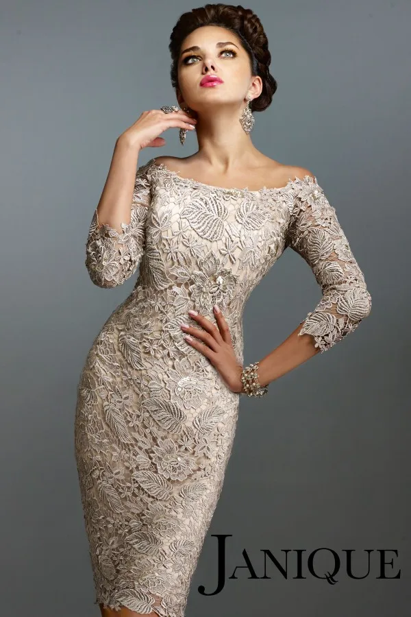 

Elegant O-Neck Three Quarter Sleeve Appliques Lace Sheath Short Evening Dress Janique Robe De Soiree