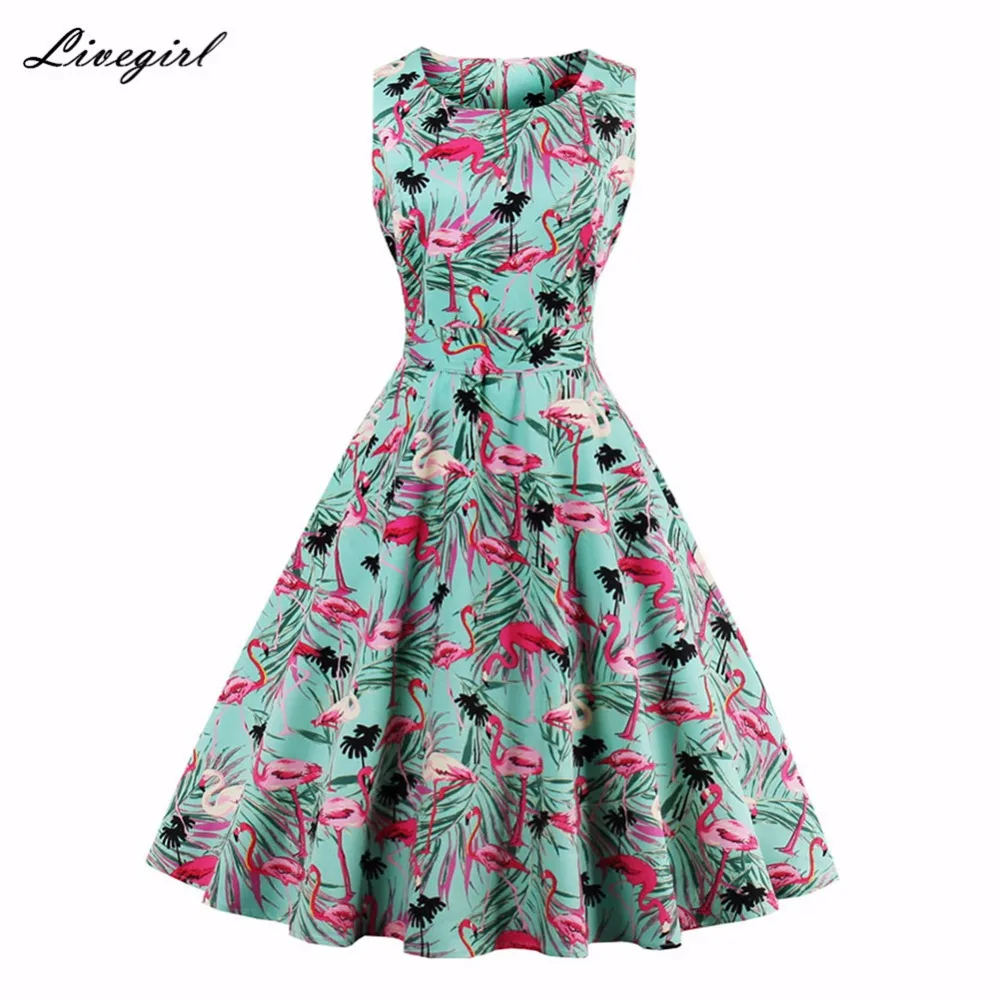 Frauen Vintage Flamingo Kleid Foral Print 50 s 60 s Frauen Vintage Flamingo Kleid Foral Print 50 s 60 s
