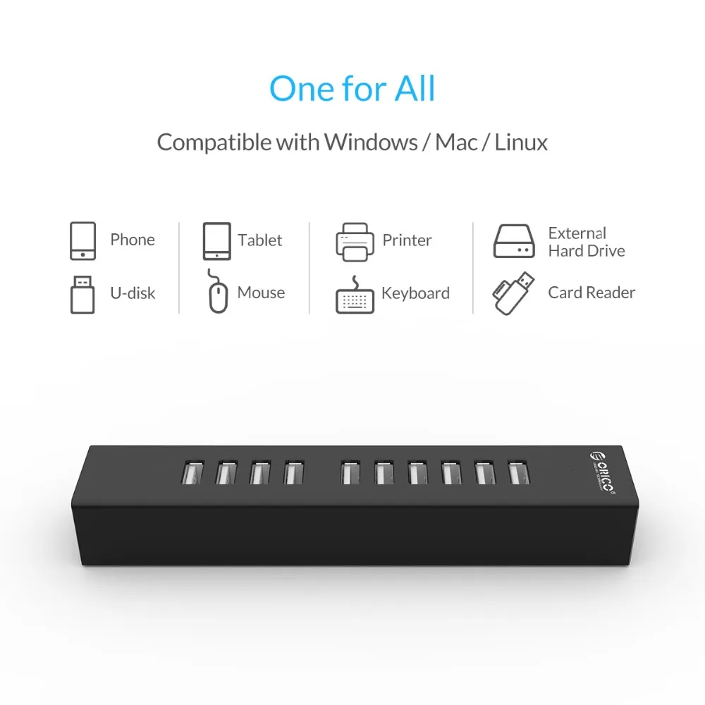 ORICO H1013 10 портов USB 2,0 концентратор для ноутбука MAC идеально с 100 см кабель для передачи данных-черный/белый