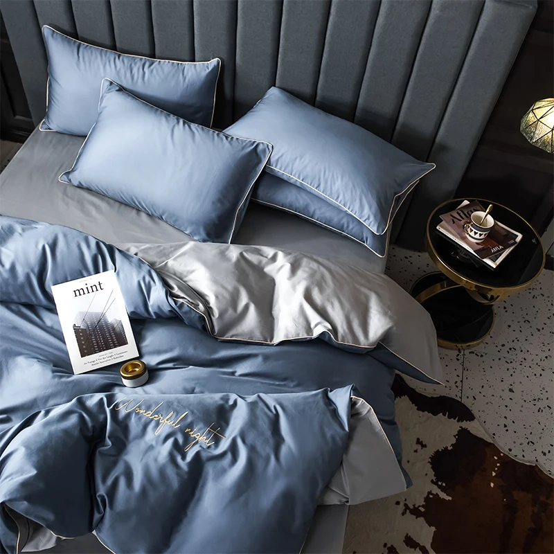  2019 New Product Solid Color 4 Pcs Bedding Set egyptian cotton Bedclothes Navy Blue Bed Linens Duve