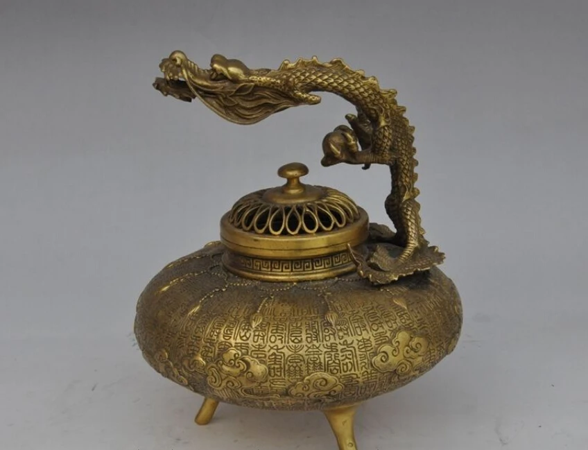 

9"marked Chinese fengshui brass dragon play bead statue incense burner Censer