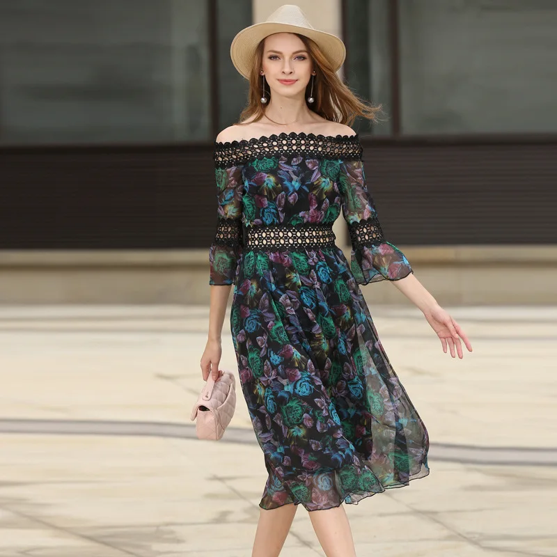 

2018 Women Sexy Summer New Chiffon Floral Print Off Shoulder Slash Neck Mid-calf Dresses clothes