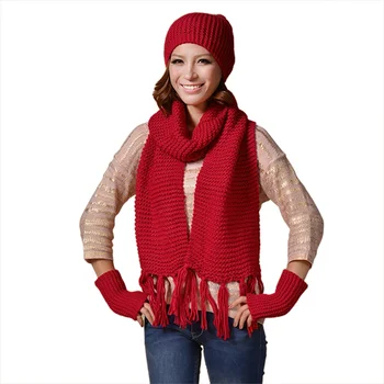 

Women Winter Warm Knitted Hat Scarf Glove Set Female Cap Hat Scarf + Warm Hat Female 3 pcs/Set