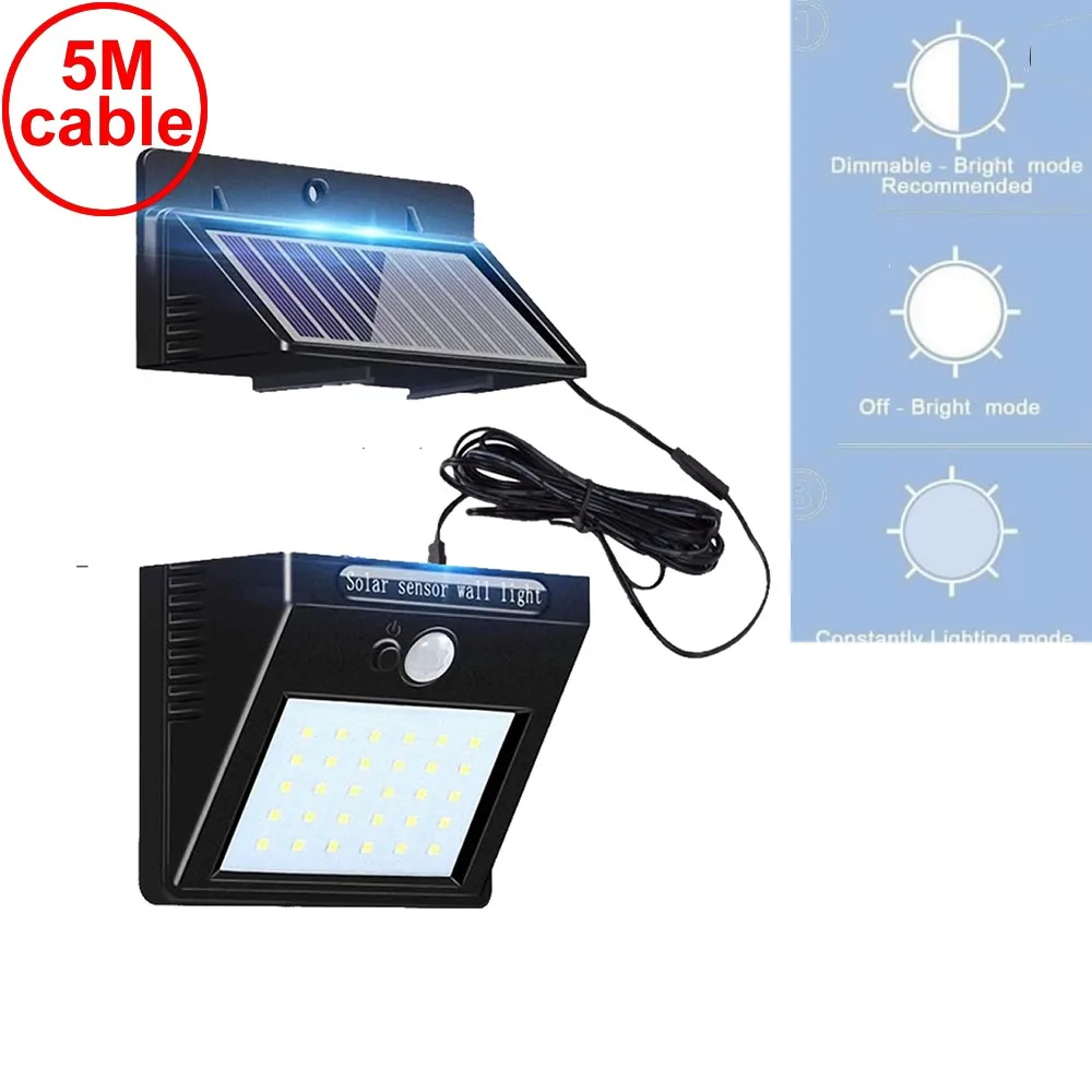 

30 led 500lm solar light split mount pIR motion senser street wall indoor lamp waterproof for garden garage fence decor 5M wire