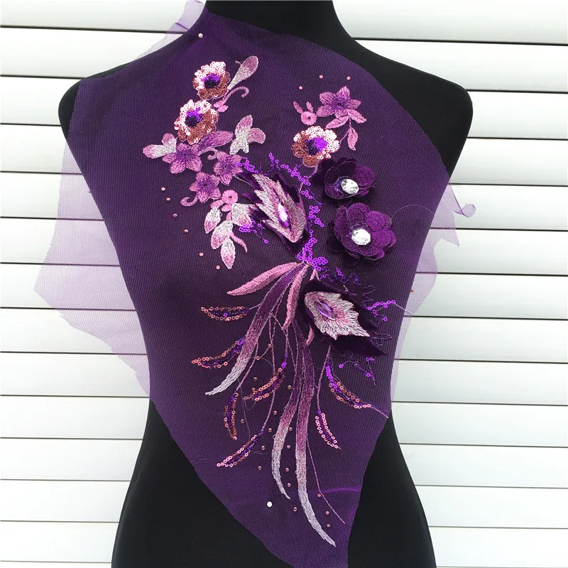 

1PC Purple Lace Collar 3D Embroidered Sequins Flower Floral Patches Sew-on Appliques For Wedding Dress Decor DIY Material