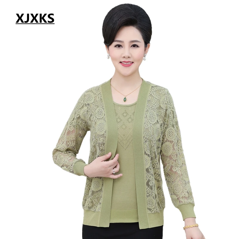 

XJXKS Fall 2019 Fashion Knitted Sweaters Female Cardigans Tricot Jumper Crocheted Cardigans Women Elegant Lace Sweater Set Women