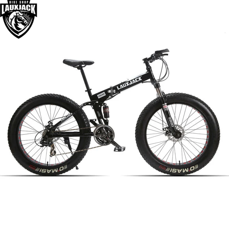 Perfect LAUXJACK Mountain Fat Bike Full Suspension Steel Foldable Frame 24 Speed Shimano Mechanic Brake 26"x4.0 Wheel 1