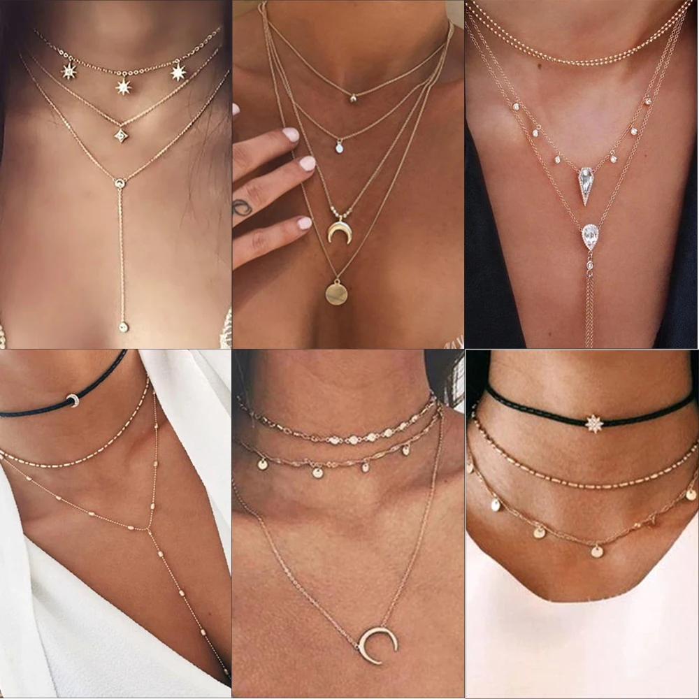 

YAO Vintage Multilayer Crystal Pendant Necklace Women Gold Color Beads Moon Star Horn Crescent Choker Necklaces Jewelry New