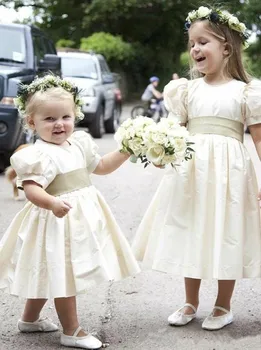 

New Coming Satin Girls Birthday Party Gowns With Belt And Bow Half Sleeves Jewel Neck Custom Made Flower Girl Dress For Wedding