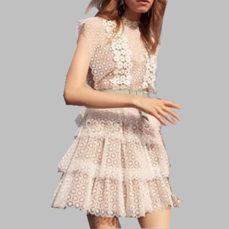 

2019 Self-Portrait Runway Summer Dress women Runway Sleeveless hollow Lace Dresses vestido