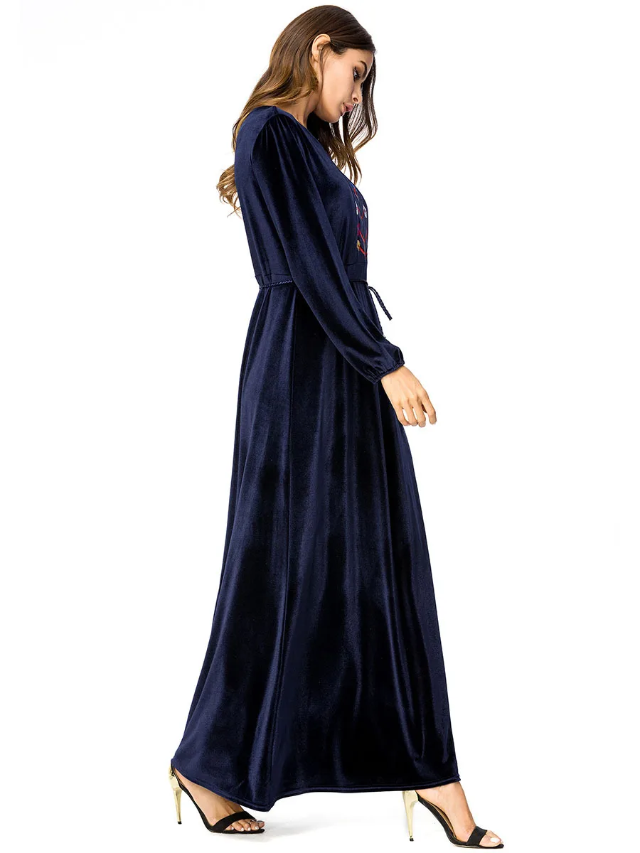 Automne Longue Ethnique Style Robes De Robe Brodé Femmes Bleu Simple 7239 Musulmane Cachemire BordWEQeCx