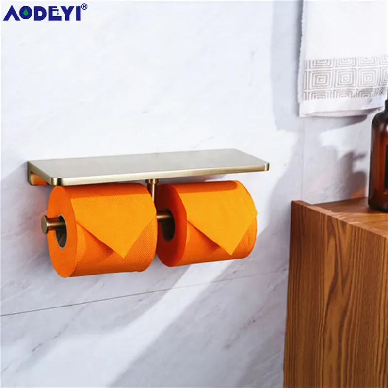 Bathroom Hardware Set Brushed Gold Robe Hook Towel Rail Rack Bar Shelf Paper Holder Wall Mount Bathroom Accessories SUS 304 - Цвет: Doubld Paper Holder