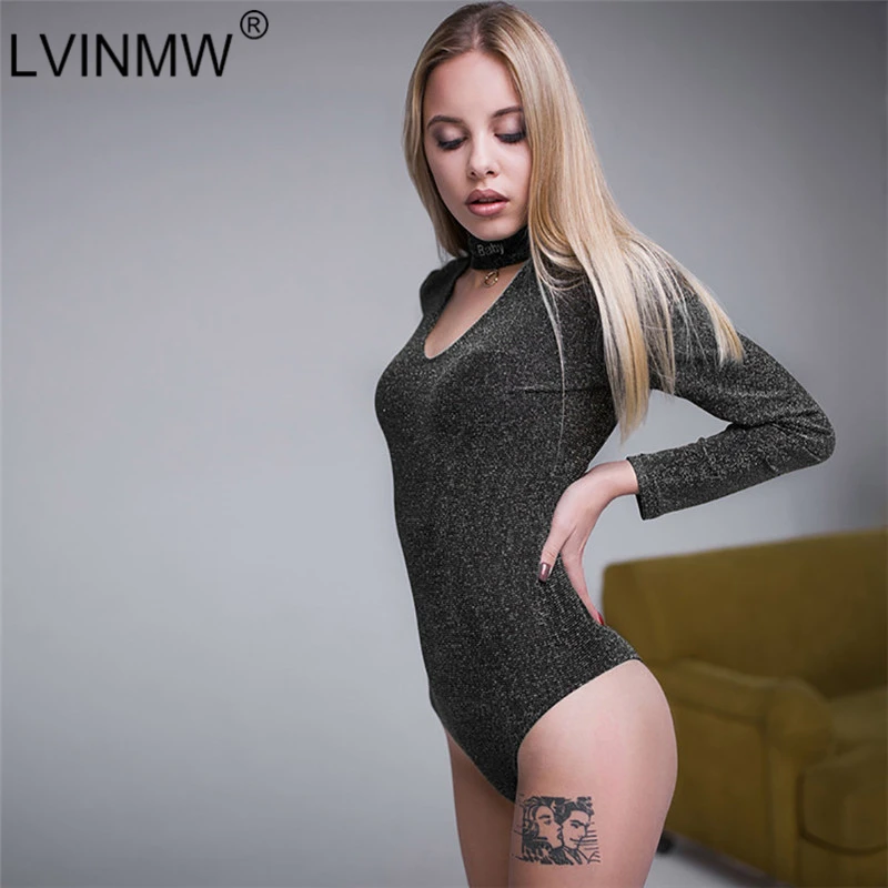 LVINMW Sexy Reflective Letter Embroidery Skinny Bodysuits 2018 Autumn Winter Women Long Sleeve Halter Neck Short Romper Overalls