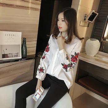 

3xl plus big size blusas feminina 2017 new korean spring summer striped long sleeve new flower embroidery shirts female A3918