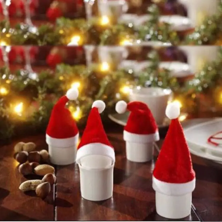 10 шт./лот, модная Мини Рождественская шапка Санта-Клауса на чашку, крышка для бутылки, аксессуары для рождественских поделок, подарок, украшения для дома, скидка 20