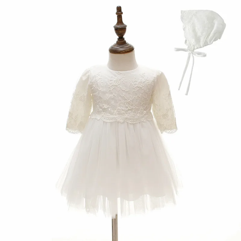 BBWOWLIN Ivory Lace Long sleeve Baby Dress Christening Baptism with Hat