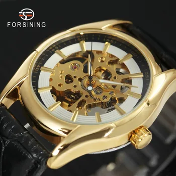

FORSINING Top Brand Luxury Men Auto Mechanical Watch Skeleton Dial Leather Strap Golden Transparent Case relogio masculino