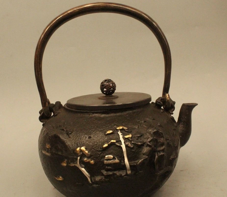 

9"Archaic Japan Japanese Iron Lucky Tree Kettle Wine Tea Pot Flagon Statue