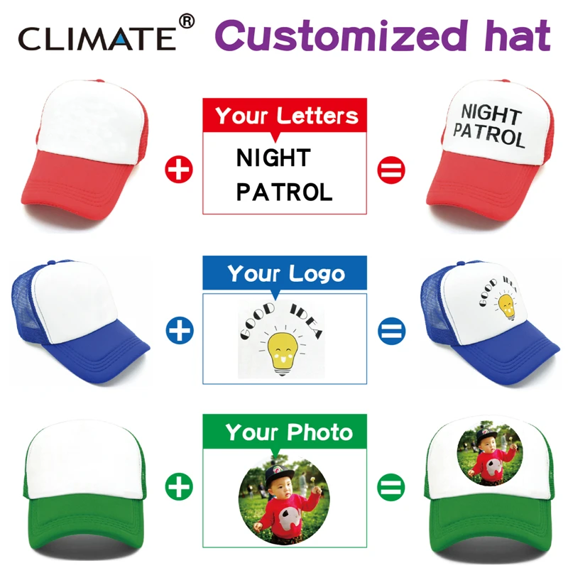 Billig KLIMA Akzeptieren 1 Stück Individuelles OEM DIY LOGO Trucker Cap 100% Polyester Männer Frauen Baseball Cap Mesh Druck Logo Trucker hut