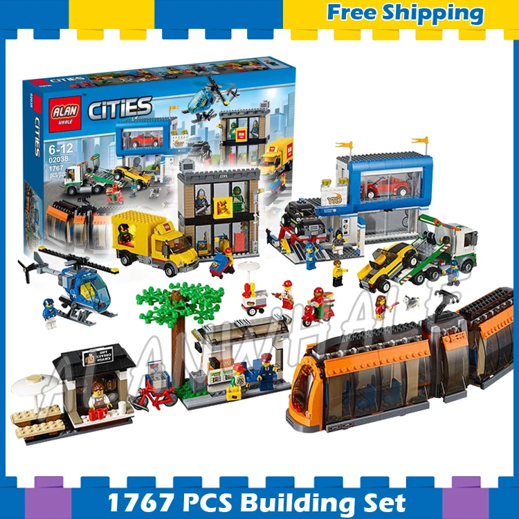 

1767pcs City Town Square Train Helicopter Tow Truck Model Building Gift sets Blocks 02038 Assemble Children Compatible With Lego