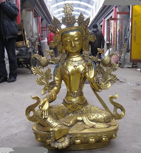 

008109 Nepal Buddhism Bronze Gild Hand-carved Buddhist flower Green TaRa Buddha statue