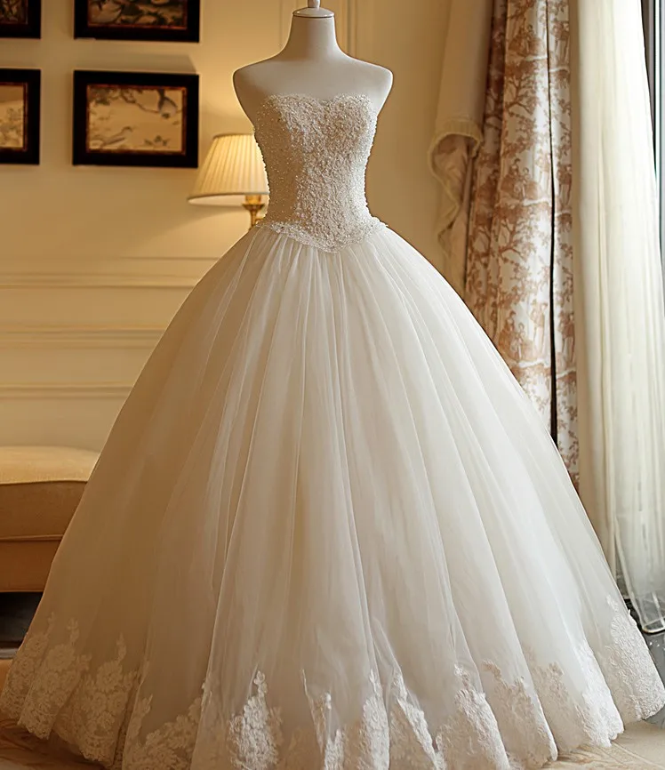 

Wonderful Robe de Marriage Strapless Lace Wedding Dresses Ball Gown Puffy Skirt Tulle 2019 Bridal Gowns Custom Made