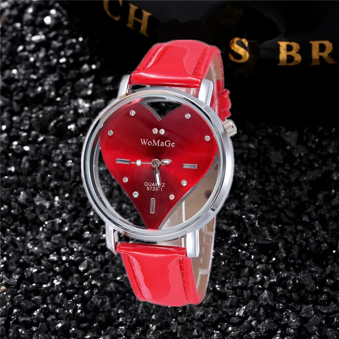 Fashion Casual Women Dress Watches Top Brand Leather Strap Ladies Quartz Wristwatch Luxury Female Clock Heart Shape Watch Gift - Color: Red