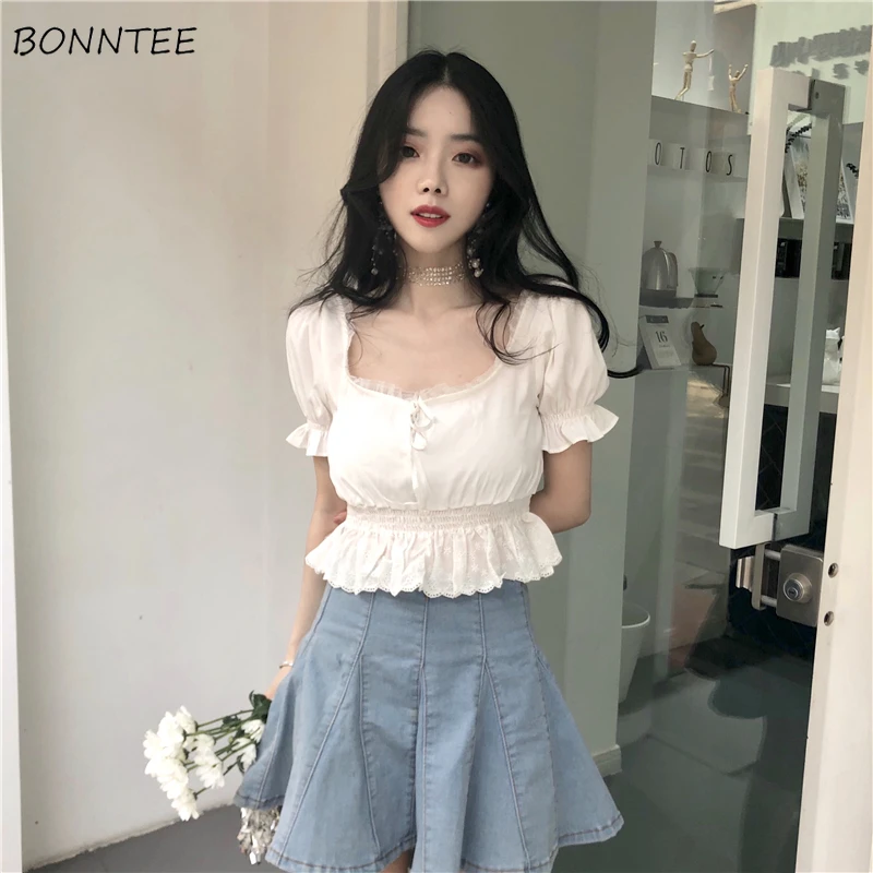 

Blouses Women Elegant Lace Retro Summer Short Style Square Collar Ladies Blouse Korean Style All-match Solid Simple Daily Womens