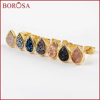 

BOROSA 5/10Pairs New Teardrop Gold Color Bezel Rainbow Titanium Druzy Stud Earrings Agates Drusy Earrings Women Jewelry ZG0276