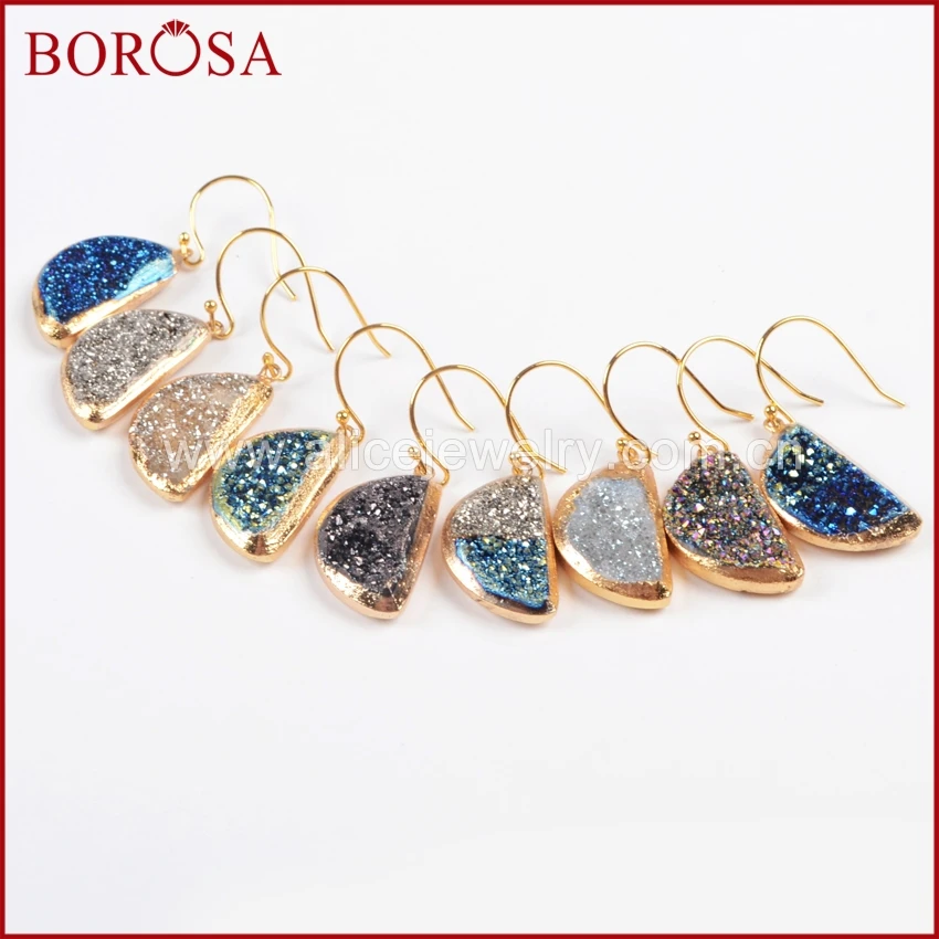 

BOROSA Fashion 1pair Gold Color Half Moon Shape Titanium Rainbow Color Druzy Geode Dangle Earrings Gems Women Earrings G0818