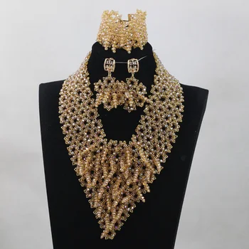 

New Design Magnificent Champagne Crystal Nigerian African Wedding Bridal/Women Beads Necklace Jewelry Set Free Shipping ANJ278