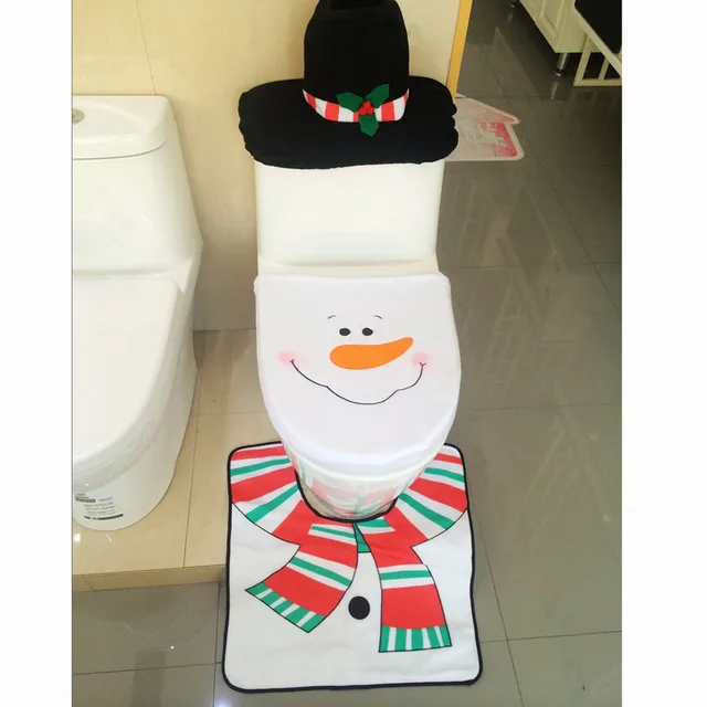 4PCS Set Fancy Snowman Toilet Seat Cover And Rug Bathroom Christmas Decor With A Cute