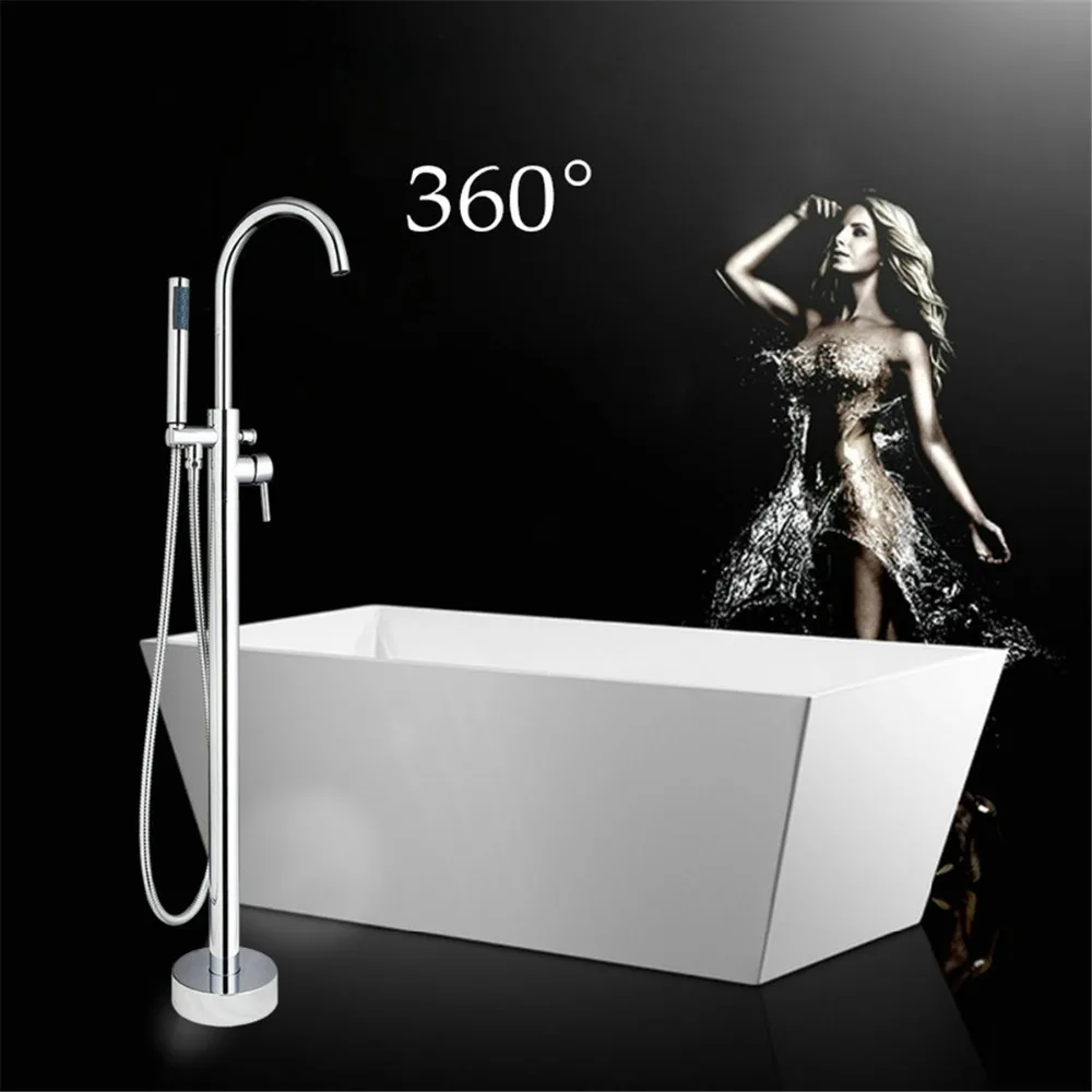 US Polished Chrome Floor Stand Bathtub Faucet Free Standing Bath Shower Mixer Set output bathroom faucet handle Bathroom Faucet