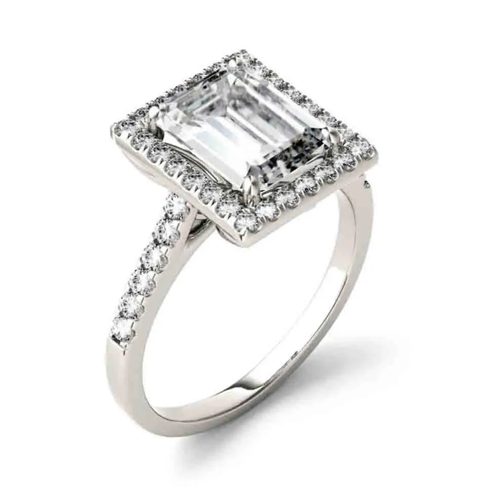 Moissanite обручальное кольцо Certified Charles Colvard 2.5ct VS DEF Изумрудный Cut Настоящее 14 К к белого золота с бриллиантами ювелирные украшения для женщин