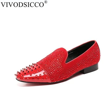 

VIVODSICCO Men's Genuine Leather Loafers Casual Shoes Fashion Mens Rhinestone Driving Shoes Man Flats Dress Rivets Wedding Shoes