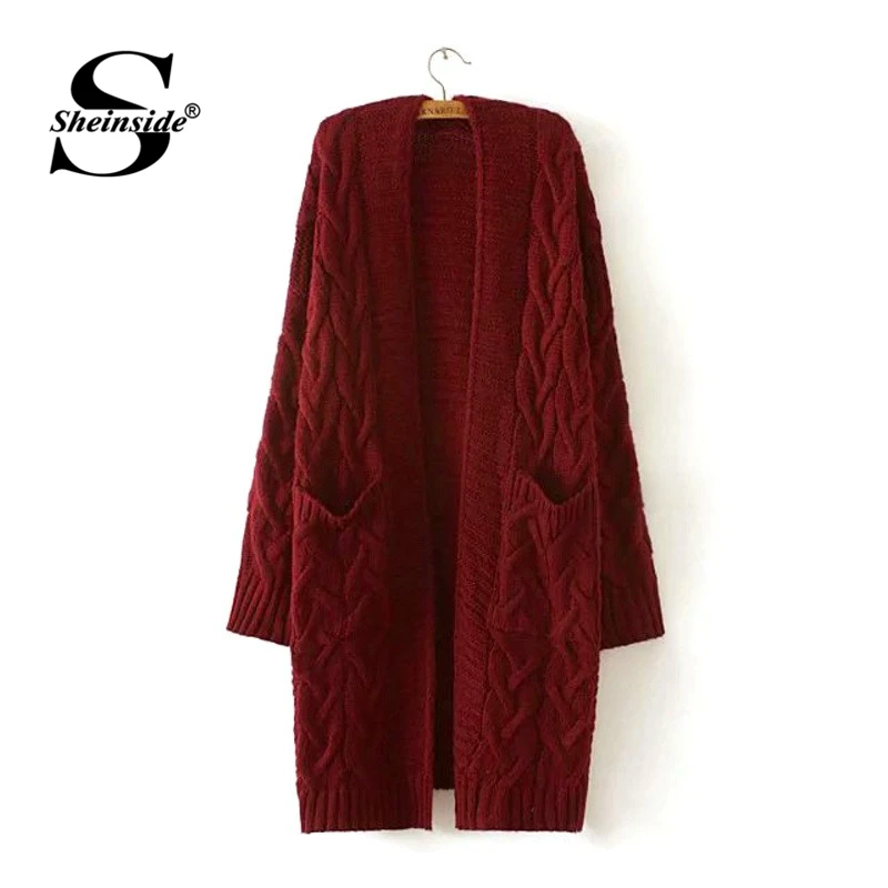 

Sheinside Burgundy Solid Drop Shoulder Cable Knitted Coat Women Sweater Cardigan 2018 Long Sleeve Casual Female Long Cardigans