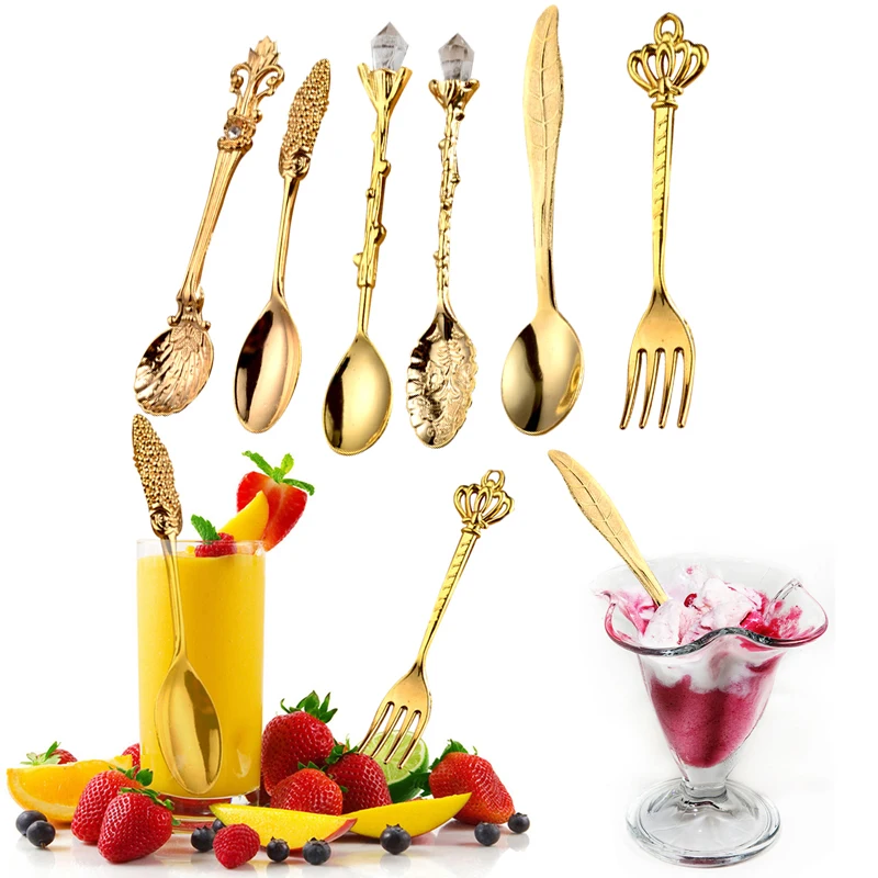 

6pcs Vintage Kitchen Coffee Bar Coffee Tea Spoon Metal Carved Ice Cream Dessert Cake Spoons Mixing Spoon Fork Set Tableware