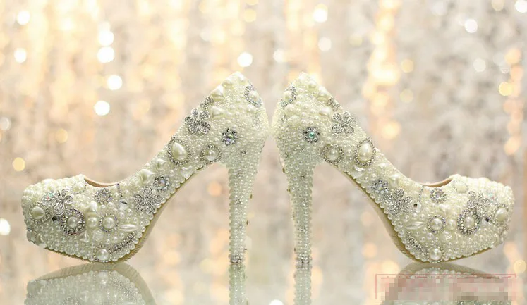 Роскошный 12 см Высокий Каблук Белый Белый Пром Обувь Популярные Ботинки женщин Элегантные Свадебные Свадебная Обувь с Имитацией Перл