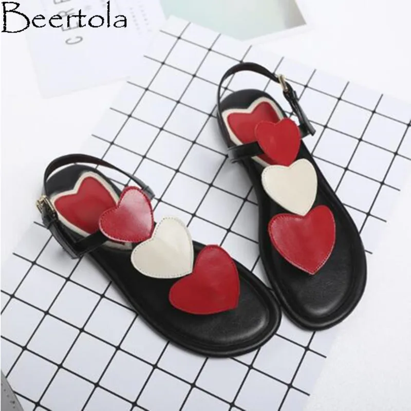 

Beertola New Sandals Woman Mixed Color Heart Shaped Flip Flops Sweet Style Peep Toe Sandalia Mujer 2018 Real Leather Shoes Woman