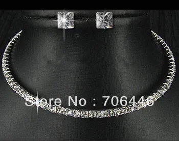 

Silver Plated Clear Rhinestone Single Row Diamante Choker Necklace and Stud Earrings Jewelry Set
