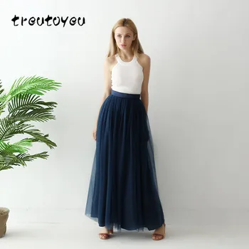 

Treutoyeu Tulle Skirts Womens High Waist Navy Blue Maxi Skirts Vintage Mesh Plus Size Solid Tutu Skirt Women Jupe Saias Faldas