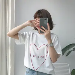 2019 новые летние консервативный стиль сердце вышитые буквы футболка Harajuku хлопок короткий рукав kawaii женская футболка Топ