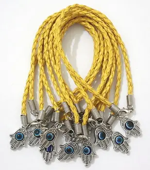 

50pcs Kabbalah Hamsa Hand Charms Yellow Leatheroid Braided String Bracelets+ Revolving Lucky Eye 01762