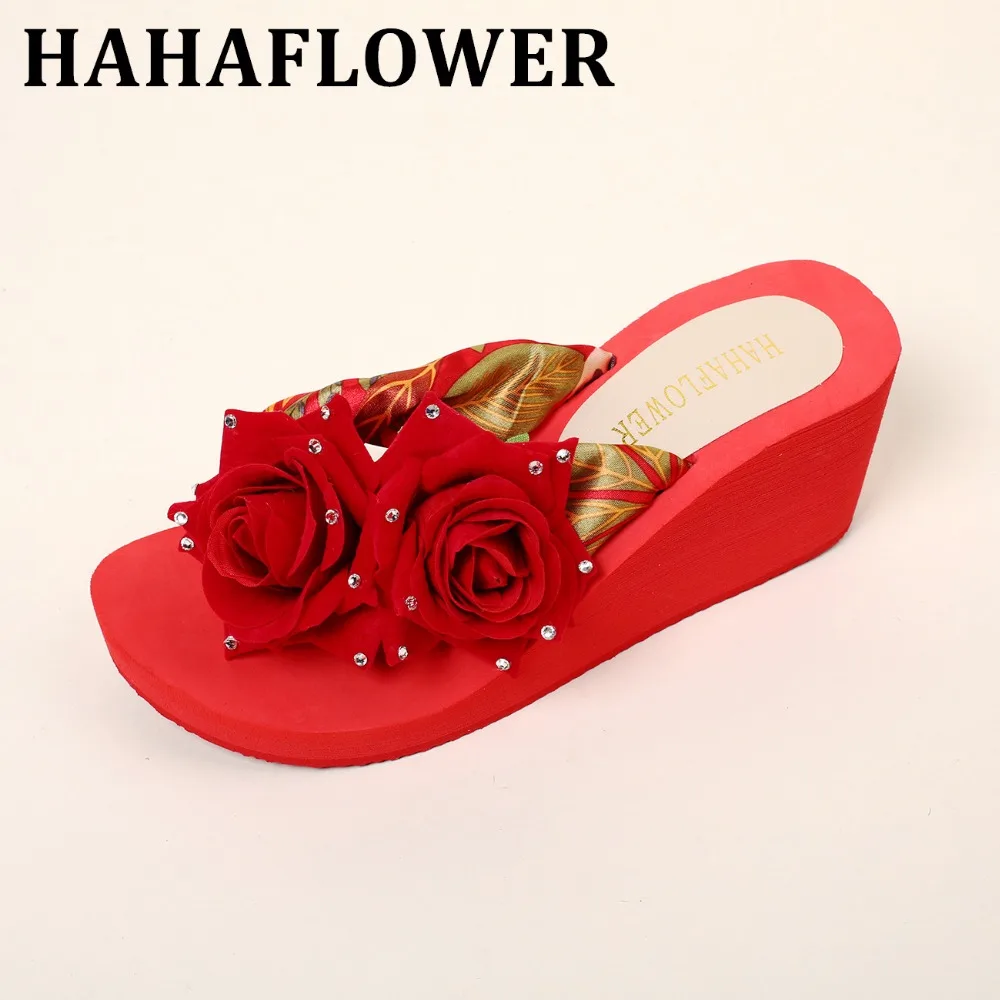 HAHAFLOWER/черные женские летние босоножки на танкетке с цветком розы нескользящие