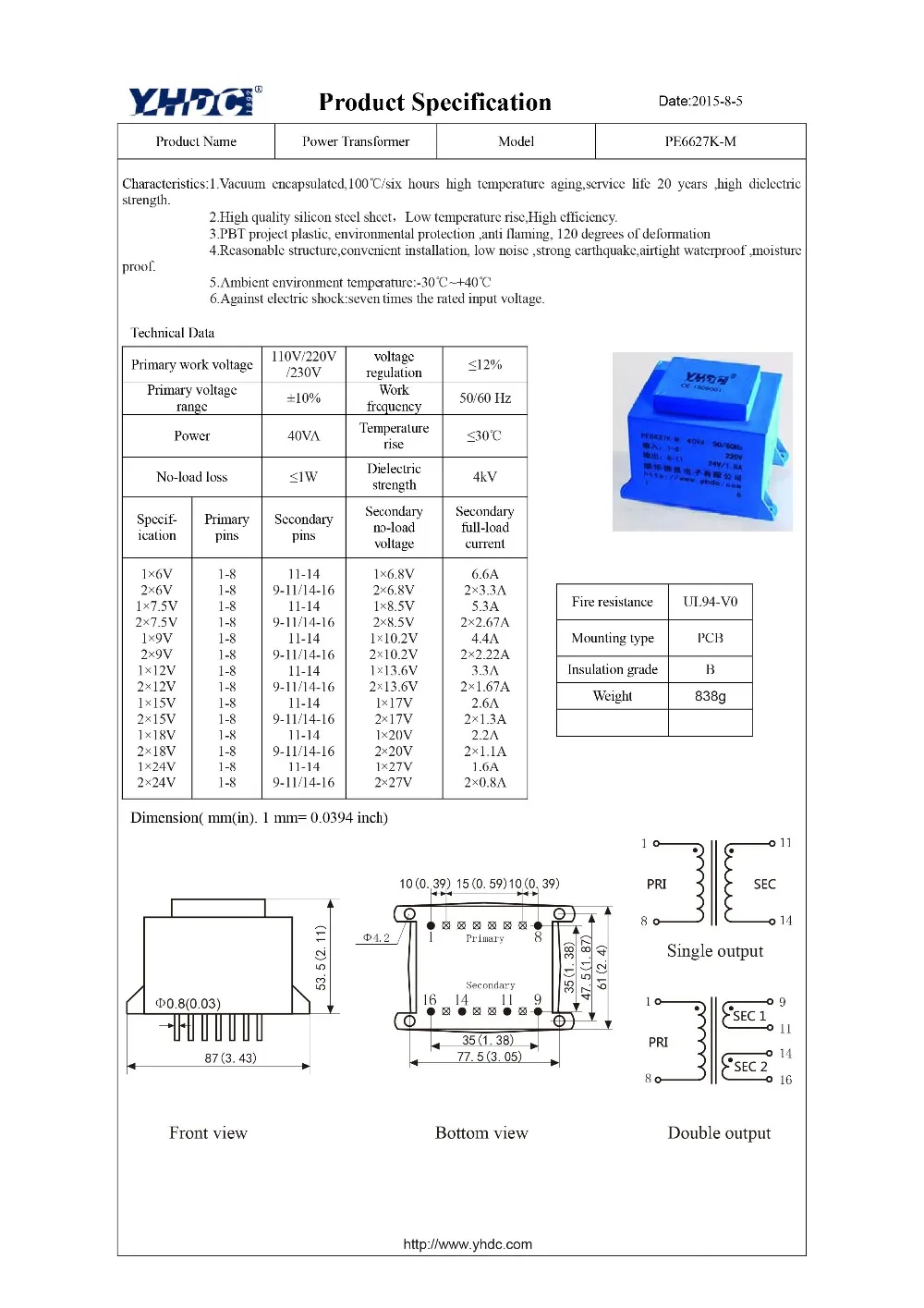 PE6627K-M 40VA 220 V/12 V герметизированный трансформатор монтажный трансформатор PCB