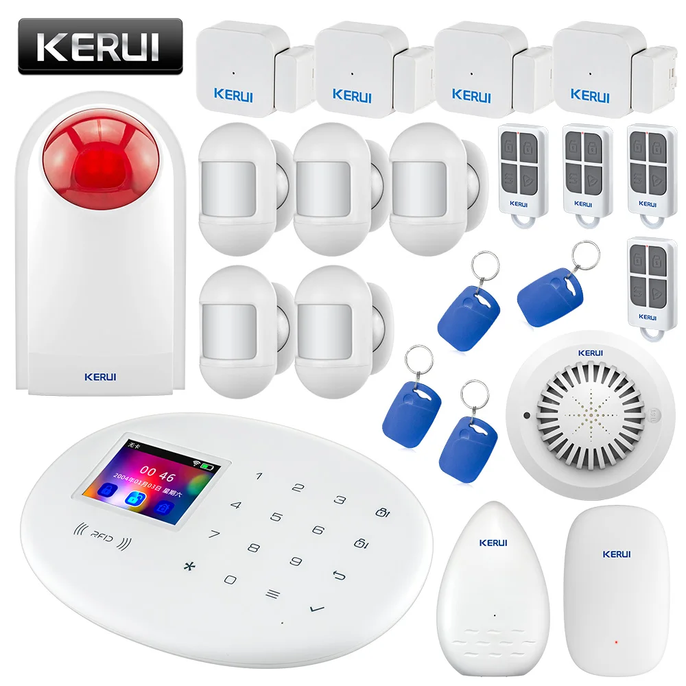 KERUI W20 беспроводная WiFi GSM домашняя система охранной сигнализации 2,4 дюймов цветной экран охранный пожарный дым утечка воды сигнализация комплект