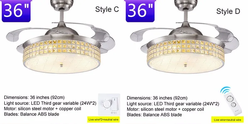 Современные вентилятор Кристалл Выдвижной лезвия Дистанционное управление с подсветкой Невидимый светодиод складной потолочный вентилятор Обеденная лампа