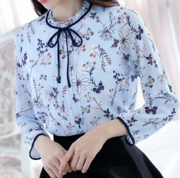 Женская шифоновая блузка с длинным рукавом бантом|blouses women tops|chiffon blouse womenchiffon |