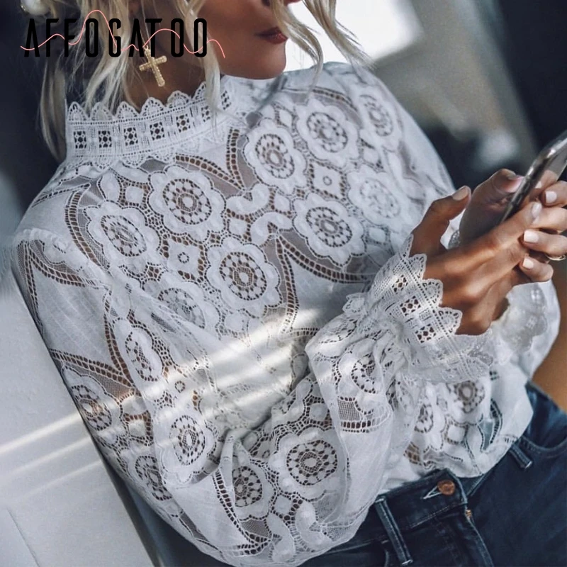 

Affogatoo Elegant lace summer white blouse shirt women Sexy hollow out embroidery feminine blouses Vintage casual tops female