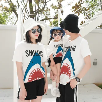 

Summer Short Sleeve T-Shirt Family Look Mother Daughter Dad Son Shark Pattern Cotton Top T-shirt Family Matching Outfits Clothes